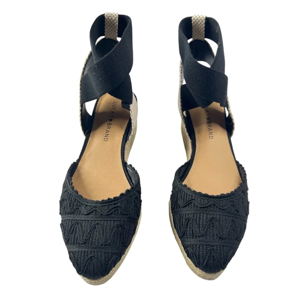 Lucky Brand Macrame Espadrille Wedge Sandals Size 7.5 Luvnia Black Bohemian